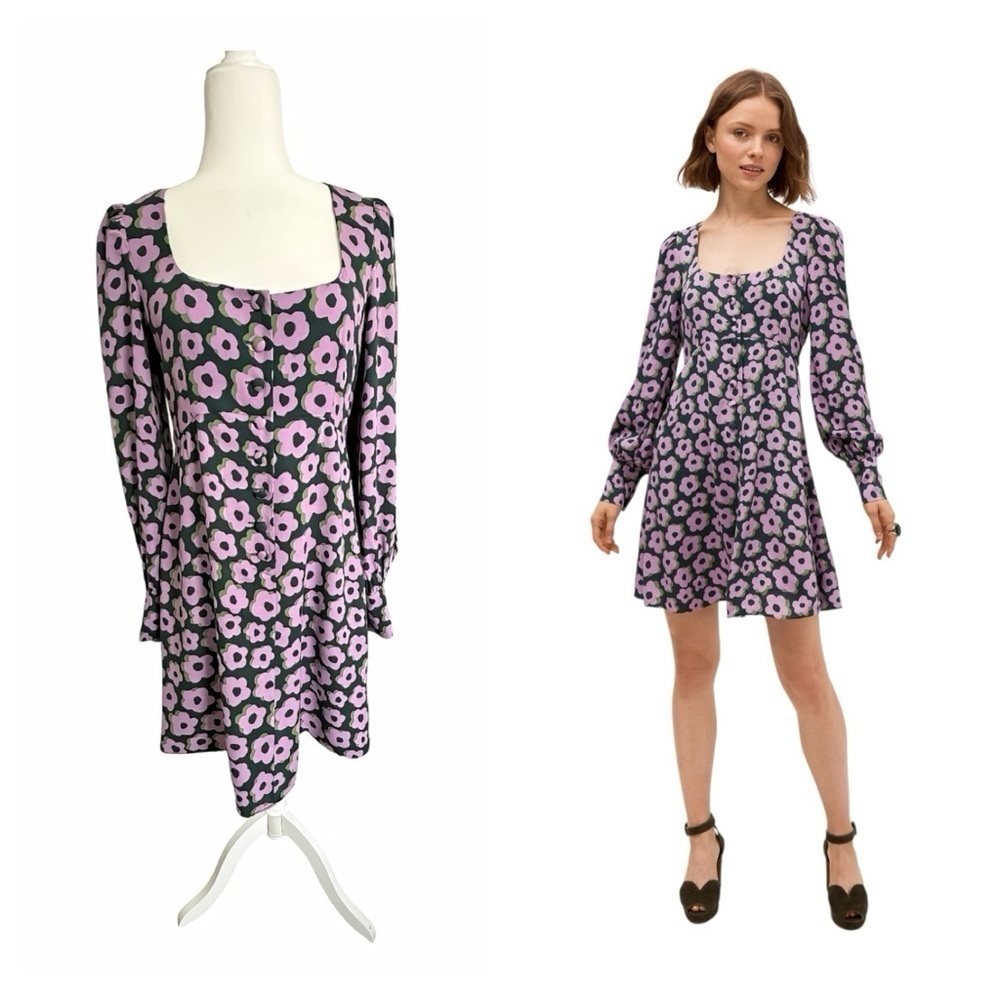 Kate Spade NY Flaire Flora Fluid Mini Dress Green Pink Floral Crepe Size 6